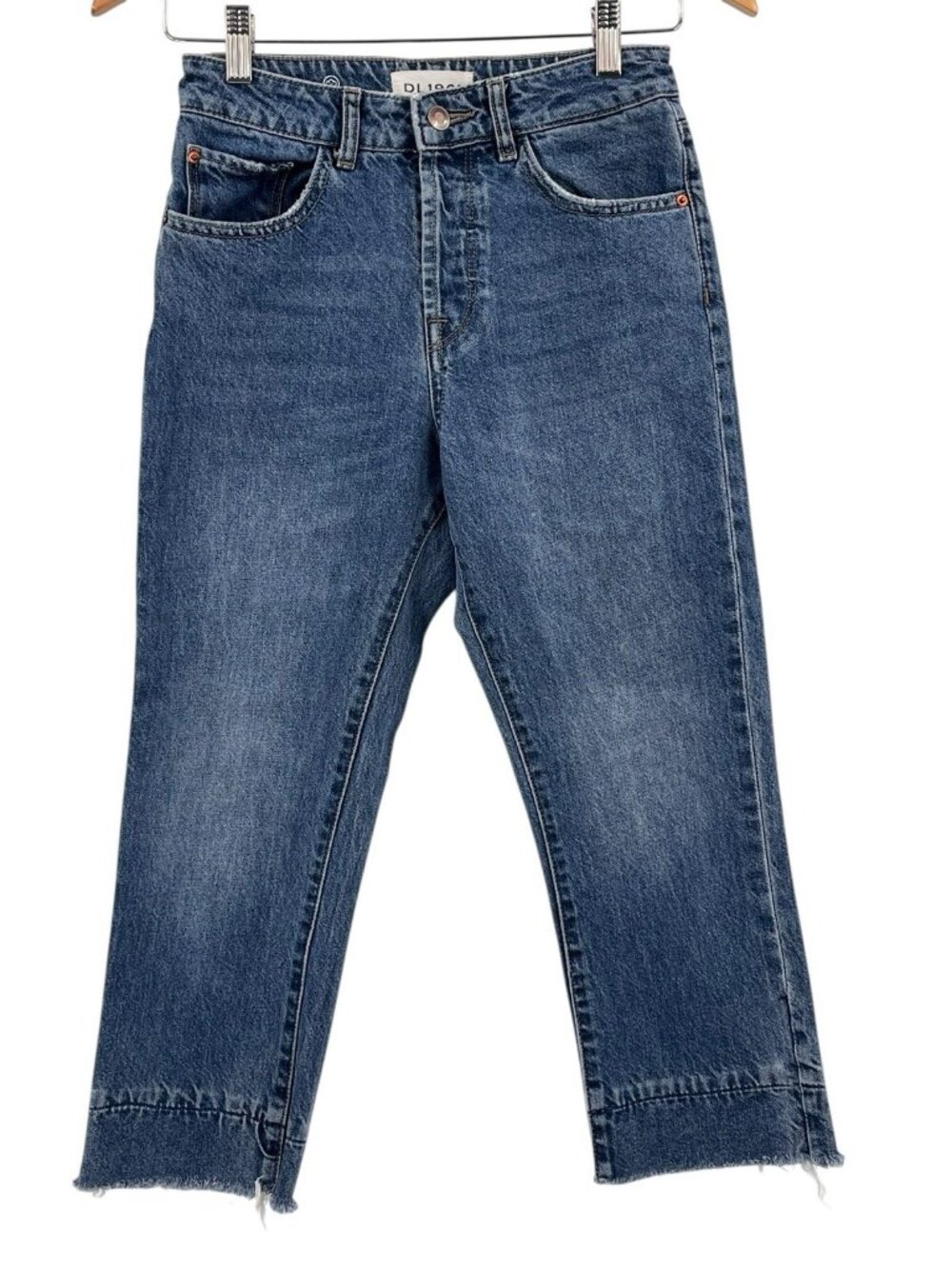 DL1961 Women's Medium Wash Patti High Rise Straight Raw Hem Button Fly Jeans 24